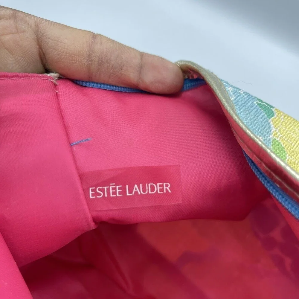 Estee Lauder Lilly Pulitzer Cosmetic Makeup bag Blue Green Gold Trim